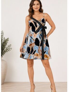 Nic+Zoe Abstract Floral Midi Dress XS Blue Black A-Line